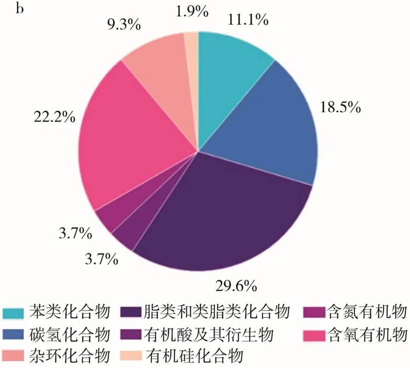 样品B全部检出化学成分的类别及所占比例